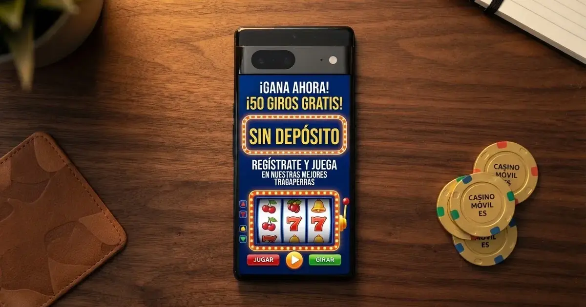 Un teléfono móvil mostrando la pantalla de promoción de un casino con tiradas gratis y el texto «sin depósito» destacado en la interfaz