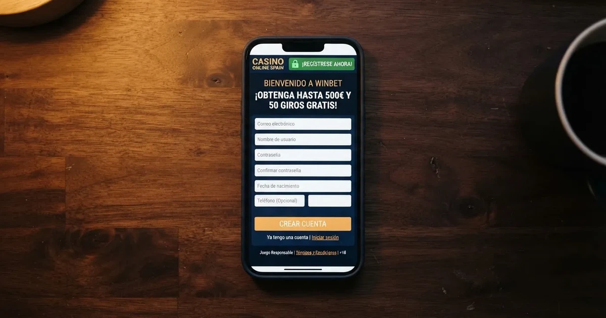 Un teléfono móvil mostrando la pantalla de registro de un casino online español con un mensaje de «5 € de bono sin depósito» junto al candado de sitio seguro