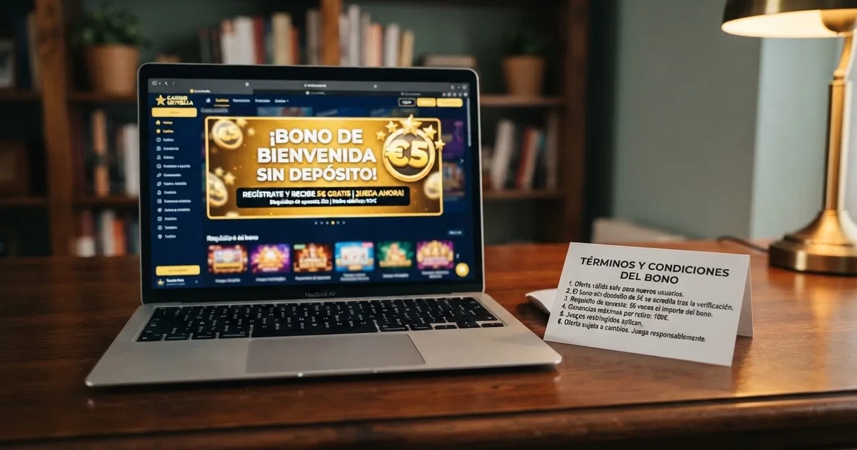 Pantalla de inicio de un casino online con licencia DGOJ mostrando un banner de bono sin depósito junto a una ficha de condiciones