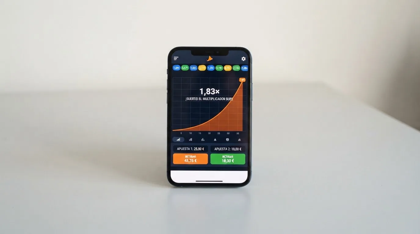 Pantalla de juego de Aviator mostrando las dos casillas de apuesta, el botón de cashout automático y el historial de últimos multiplicadores