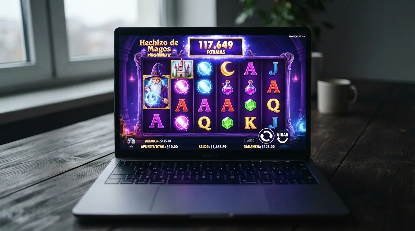 Pantalla del slot Fire Blaze Blue Wizard Megaways con sus seis carretes dinámicos, los símbolos del mago y el castillo Scatter, y el marcador de 117.649 formas de ganar