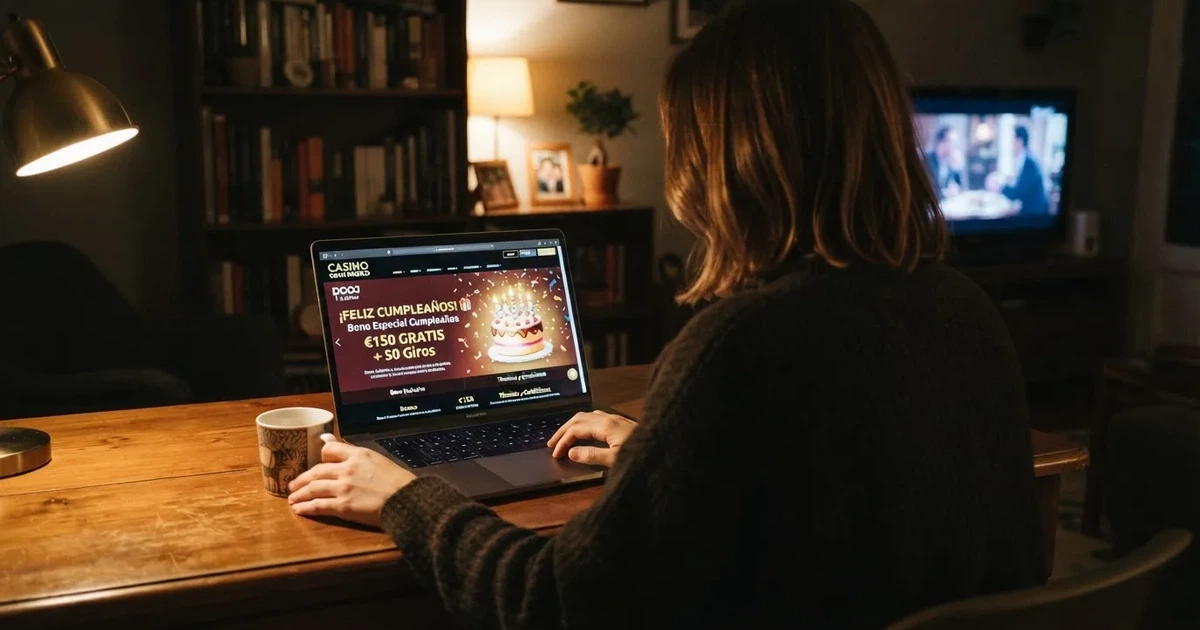 Jugador consultando la sección de promociones de cumpleaños en un casino online español con licencia DGOJ