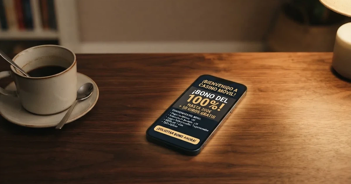 Pantalla de un casino online mostrando una oferta de bono de bienvenida del 100% sobre el primer depósito, con las condiciones desplegadas en pantalla.