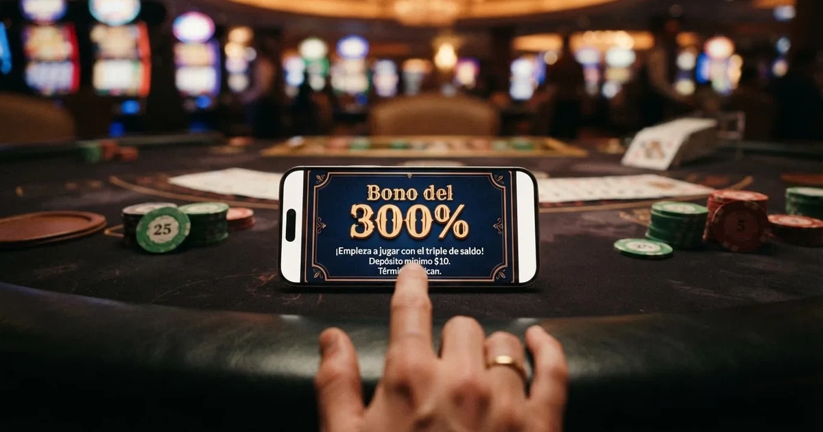 Pantalla de un casino online mostrando «Bono del 300%» sobre un fondo de tragaperras con luces y fchas de póker.