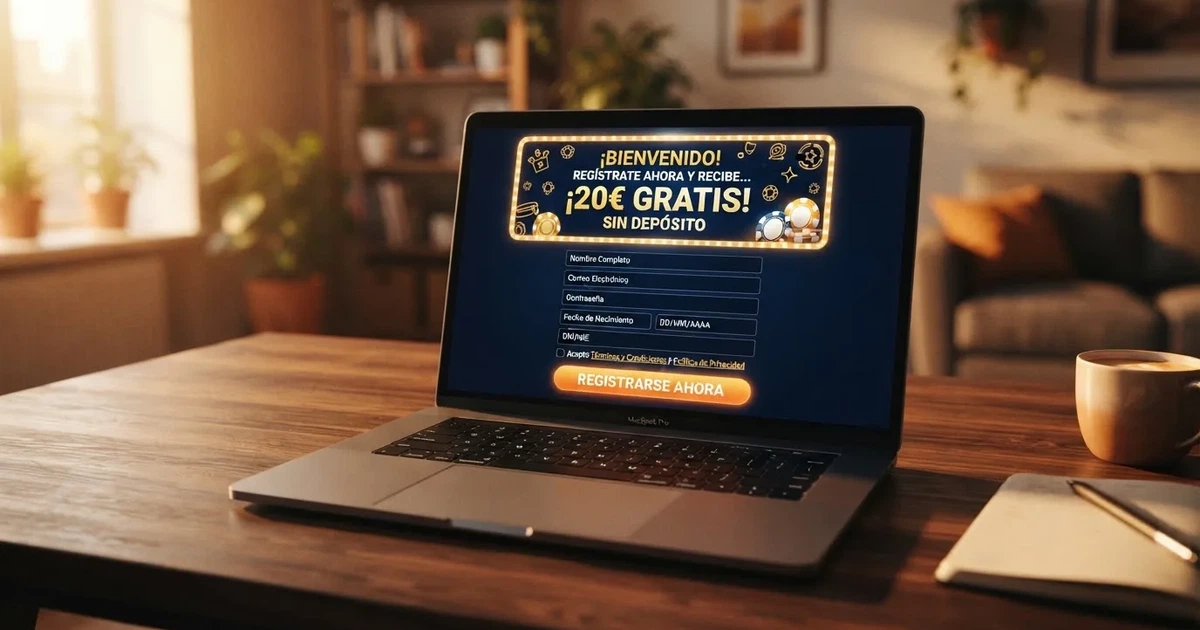 Pantalla de un casino online español mostrando una oferta de bono sin depósito junto a un botón de registro