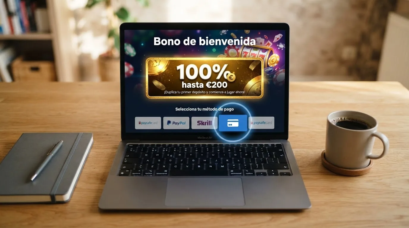 Pantalla de un casino online mostrando una oferta de bono de bienvenida junto al selector de método de pago con Visa resaltado