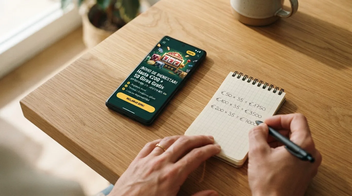 Una tabla comparativa simplificada con las condiciones de tres bonos de bienvenida junto a un calendario que marca 7 días