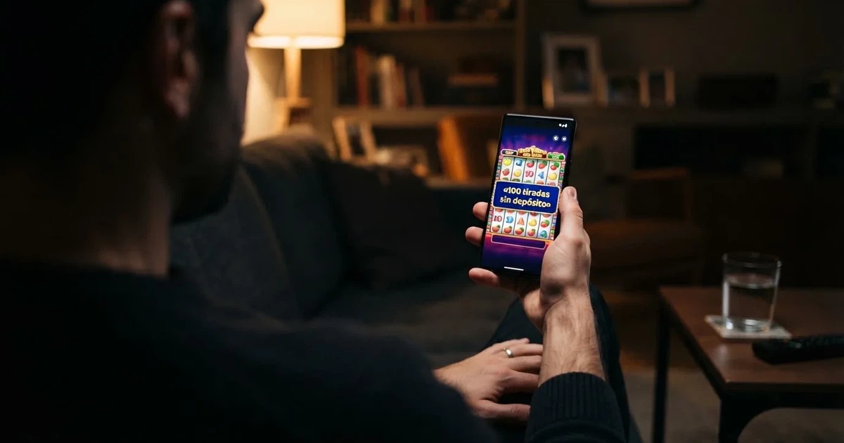 Interfaz de un casino online español mostrando una promoción de tiradas gratis en una tragaperras con el texto «100 tiradas sin depósito» en pantalla