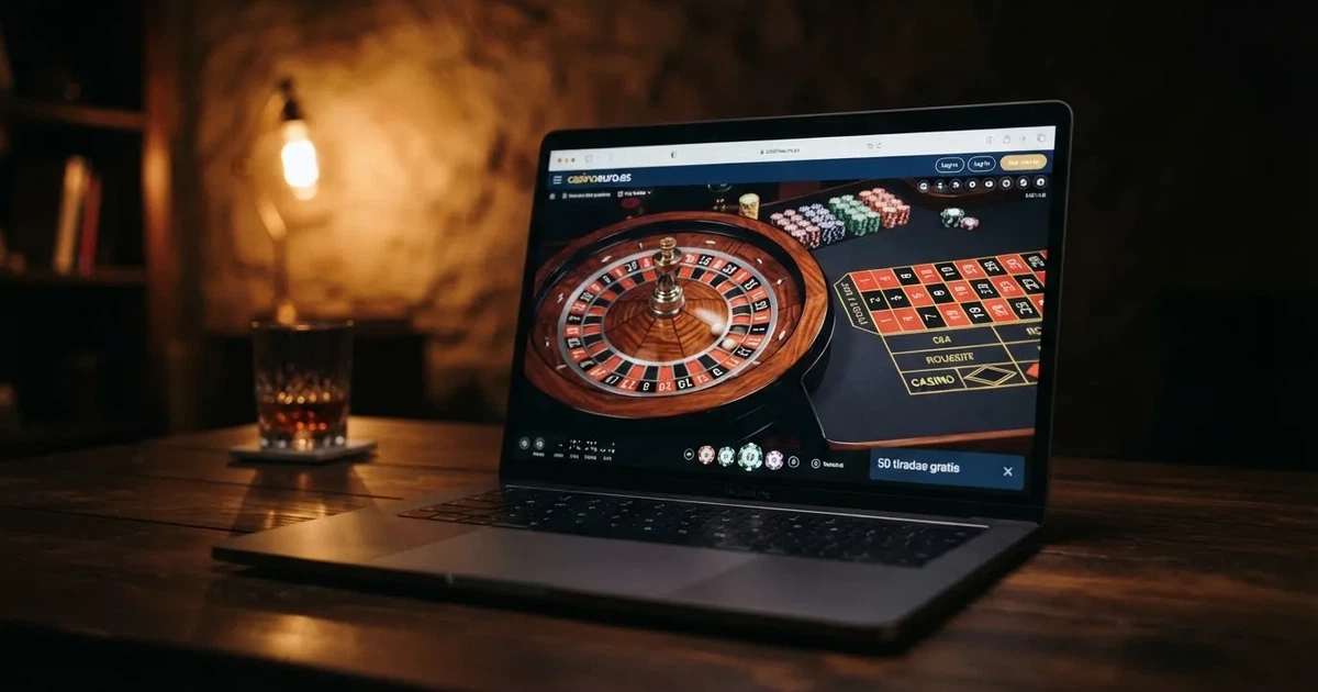 Un primer plano de una ruleta de casino online en una pantalla, con el texto «50 tiradas gratis» visible en una notificación de bienvenida y el dominio .es en la barra del navegador