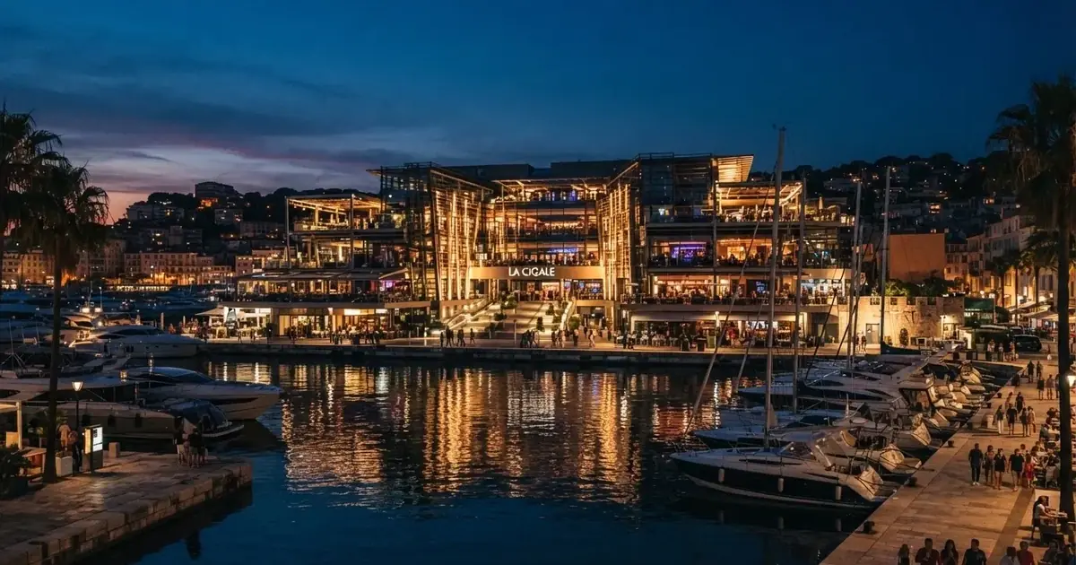 Fachada nocturna del Casino Barcelona en el Port Olímpic con la iluminación del edificio reflejada en el agua del puerto