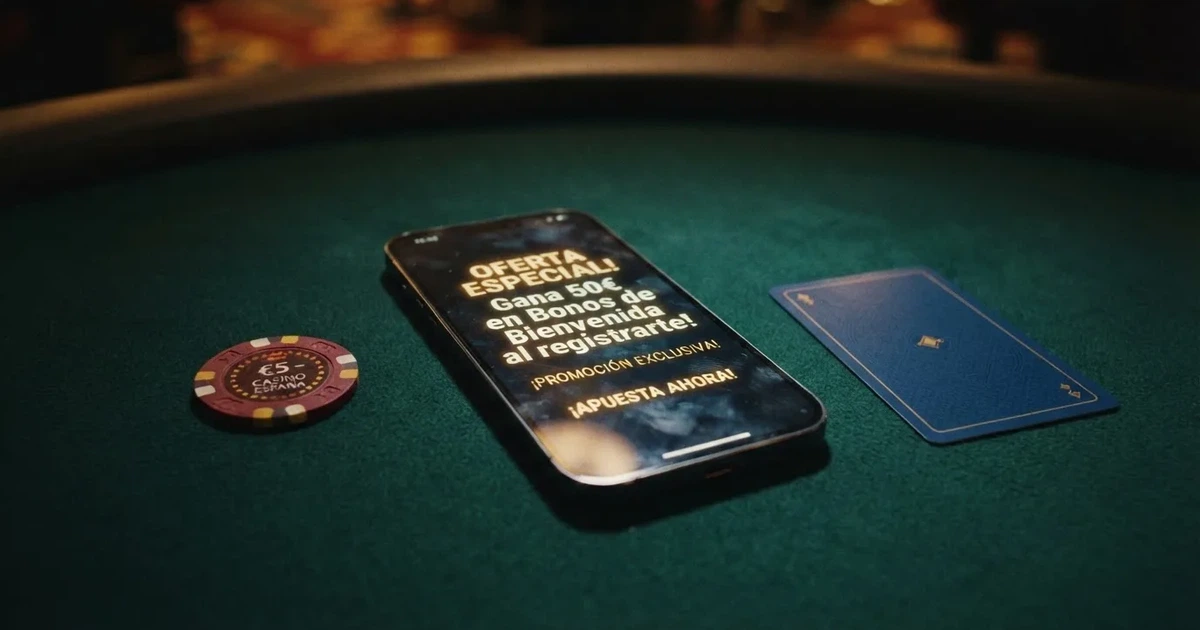 Comparativa visual de ofertas exclusivas de casino online con fichas, cartas y un teléfono mostrando promociones