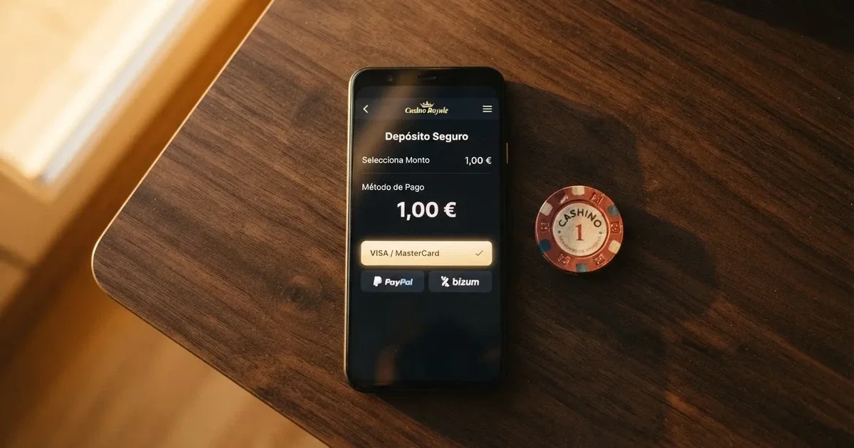 Un euro sobre la pantalla de un móvil mostrando la página de depósito de un casino online con el método Bizum seleccionado y el importe de 1,00 €