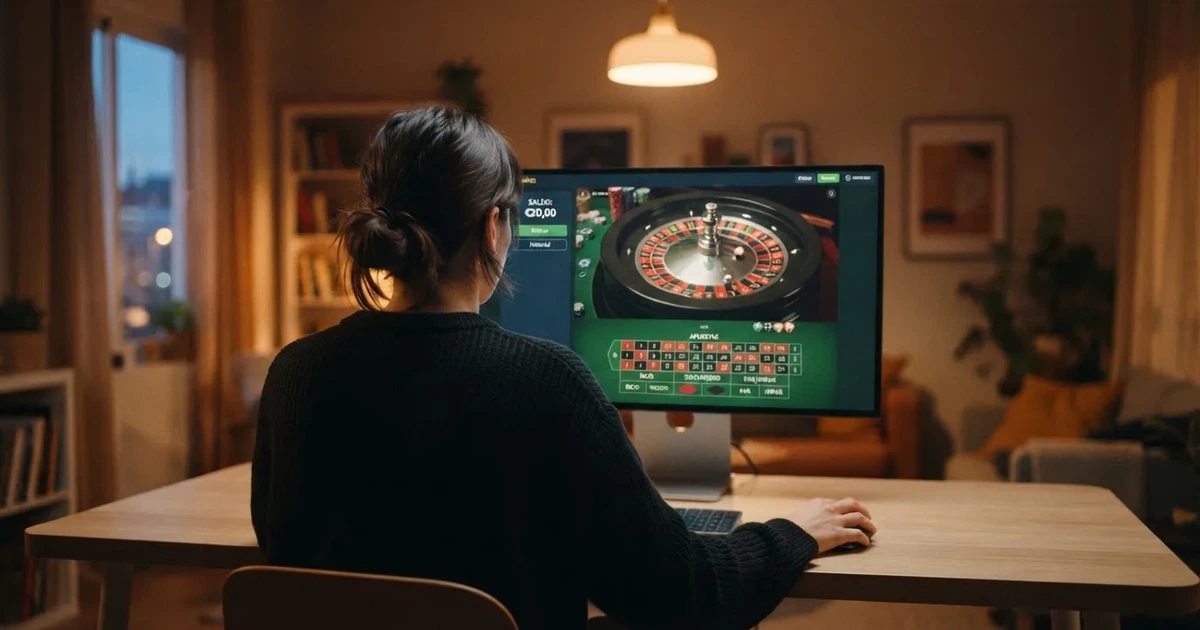 Un jugador sentado frente a una pantalla de ordenador con una cartera virtual abierta mostrando un saldo de 20 euros y una ruleta de casino en la pantalla