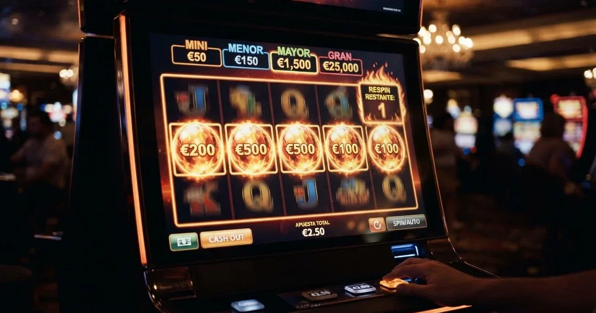 Interfaz de una tragaperras Fire Blaze con los rodillos en movimiento, símbolos de cristal brillando durante la función de respin y el contador de jackpots visible en la parte superior