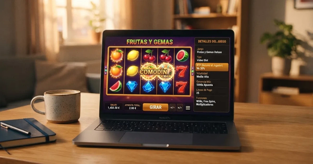 Interfaz de un casino online español con licencia DGOJ mostrando el catálogo de tragaperras y la ficha técnica con el porcentaje de RTP visible