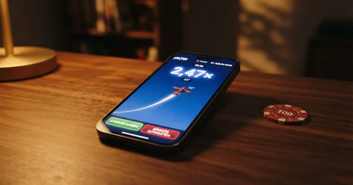 Interfaz del juego Aviator con el avión rojo ascendiendo y el multiplicador en pantalla sobre un fondo degradado azul oscuro