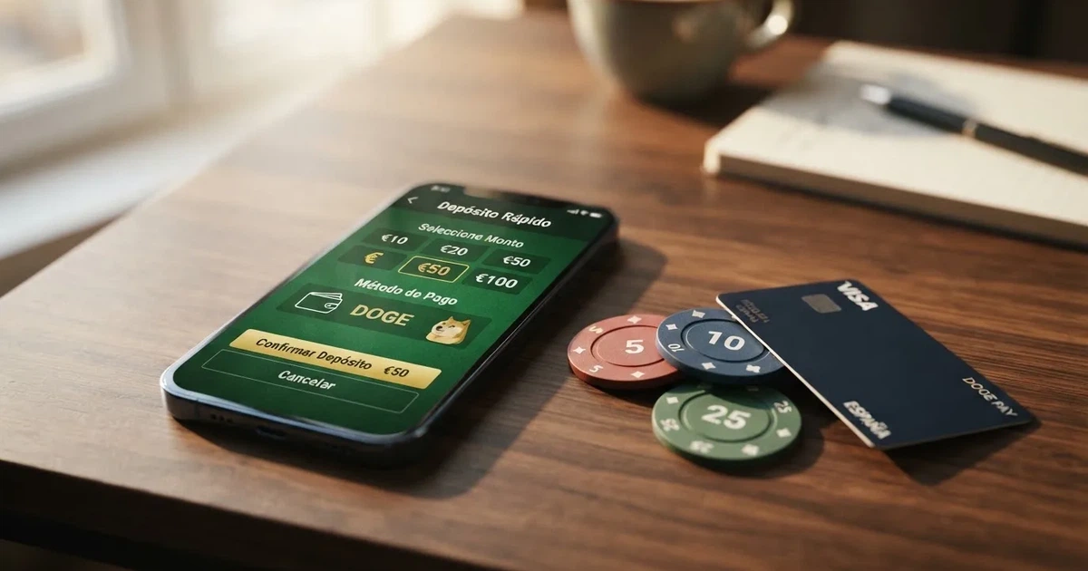 Pantalla de casino online mostrando la opción de depósito con Dogecoin junto a fichas y un monedero digital
