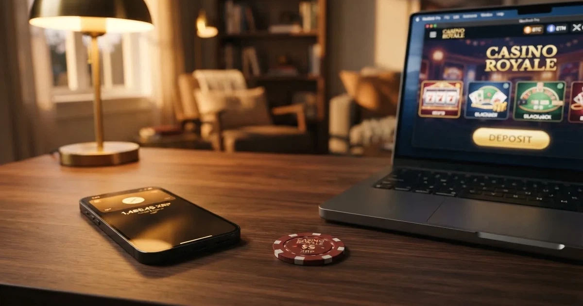 Monedero digital mostrando un saldo en XRP junto a la pantalla de un casino online con la opción de depósito en criptomonedas resaltada