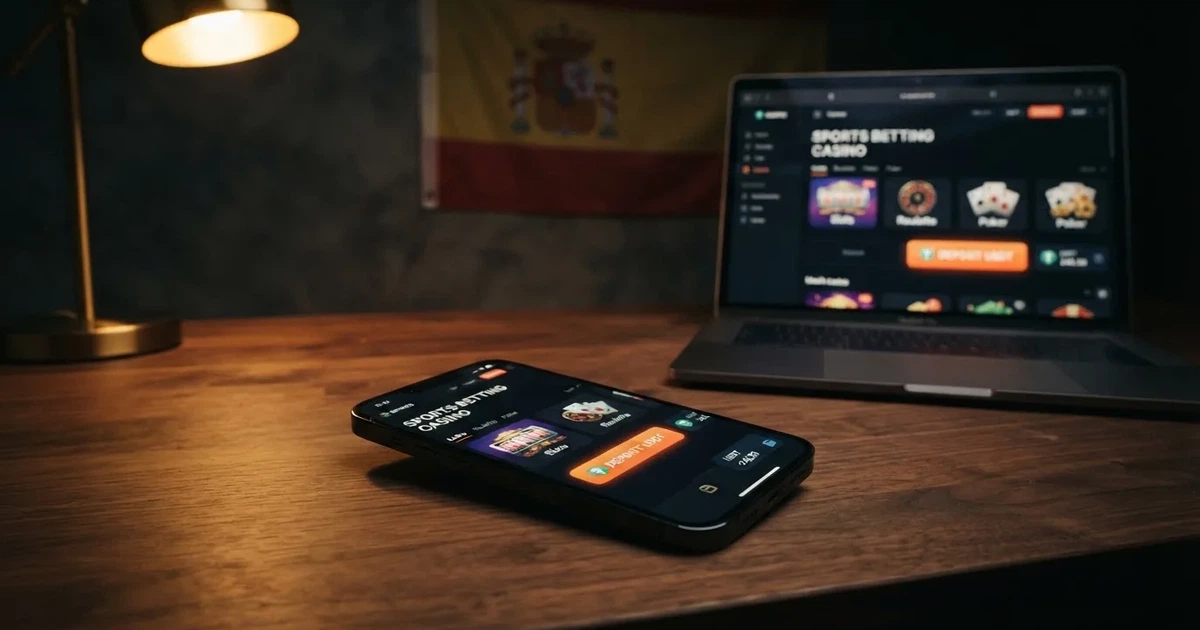 Pantalla de un casino online con la opción de depósito en USDT (Tether) visible junto a una carteera digital, sobre fondo oscuro con la bandera española en un segundo plano sutil.