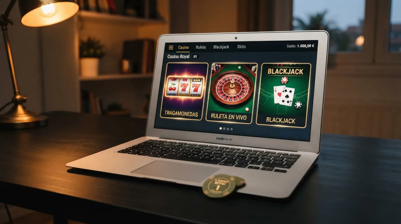 La pantalla de lobby de un casino online español con fichas de tragaperras, ruleta en vivo y blackjack visibles, y un saldo de cuenta de 1€ en la esquina superior