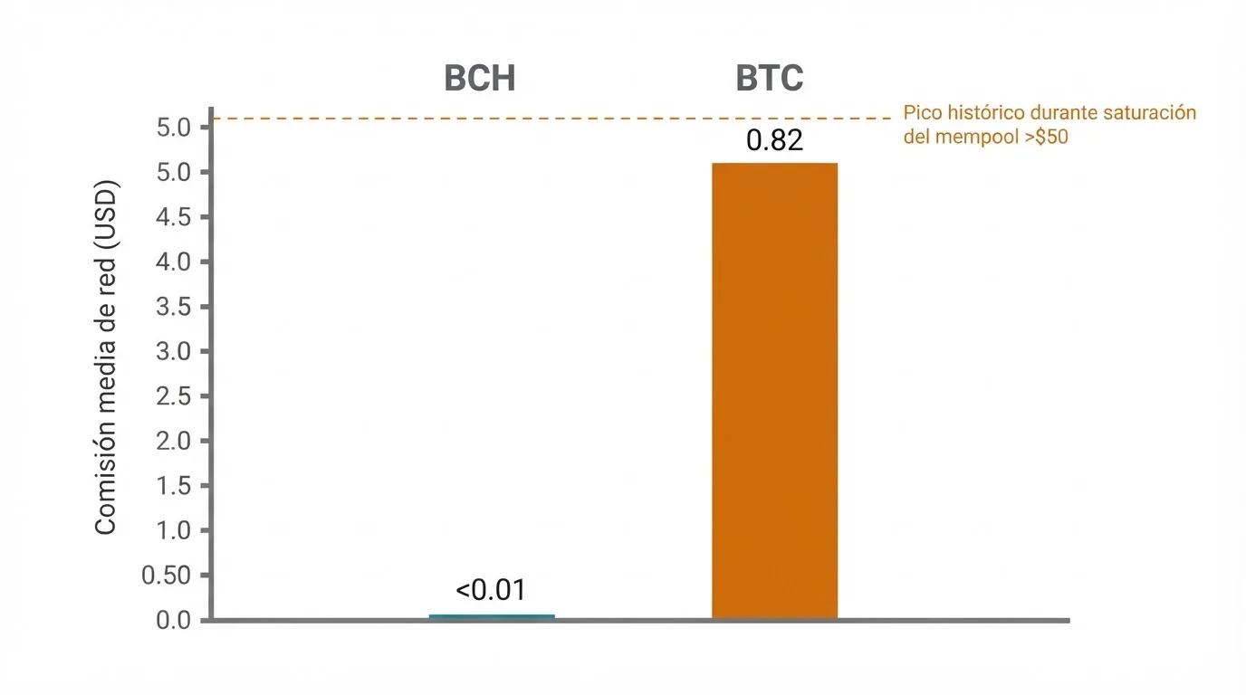 Gráfico de barras que compara la comisión media de una transacción en BCH (fracciones de céntimo) frente a la de BTC (0,82 $ de media, con picos de más de 50 $)