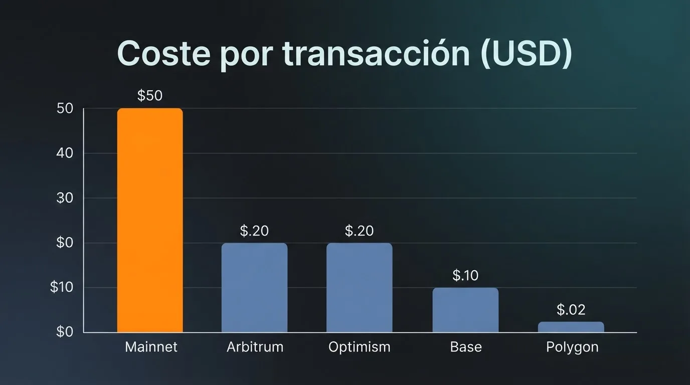 Gráfico comparativo con barras que muestran el coste en dólares de una transacción en Ethereum mainnet frente a Arbitrum, Polygon, Optimism y Base