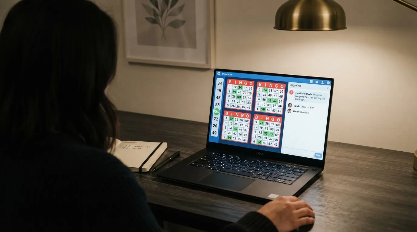 Interfaz de una sala de bingo multijugador con cuatro cartones abiertos, el panel de números cantados y la ventana del chat con el moderador en directo