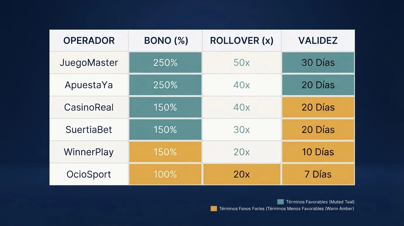 Cuatro columnas de una tabla comparativa con nombres de casinos, porcentajes de bono, multiplicadores de rollover y plazos de validez.