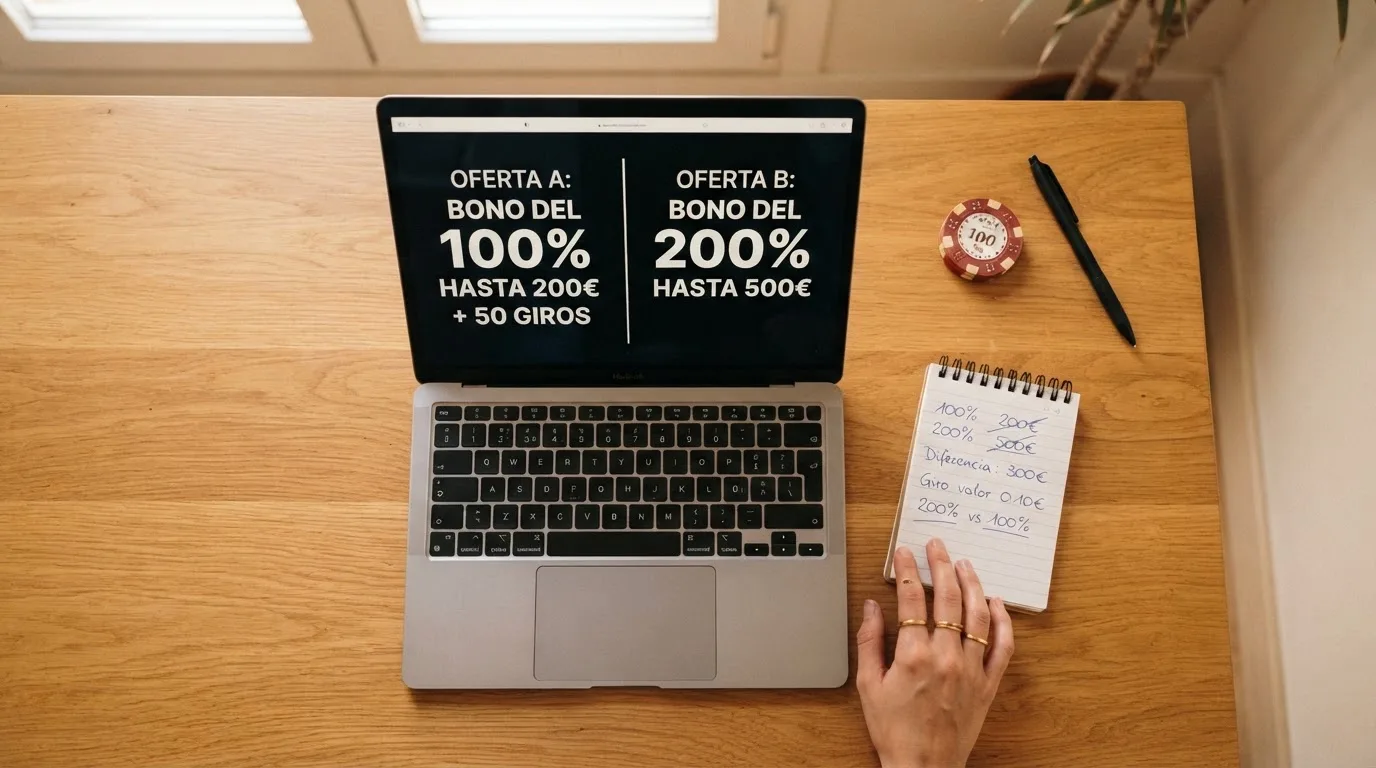 Tabla con los bonos de bienvenida de diez casinos online comparados por importe, rollover, vigencia y depósito mínimo