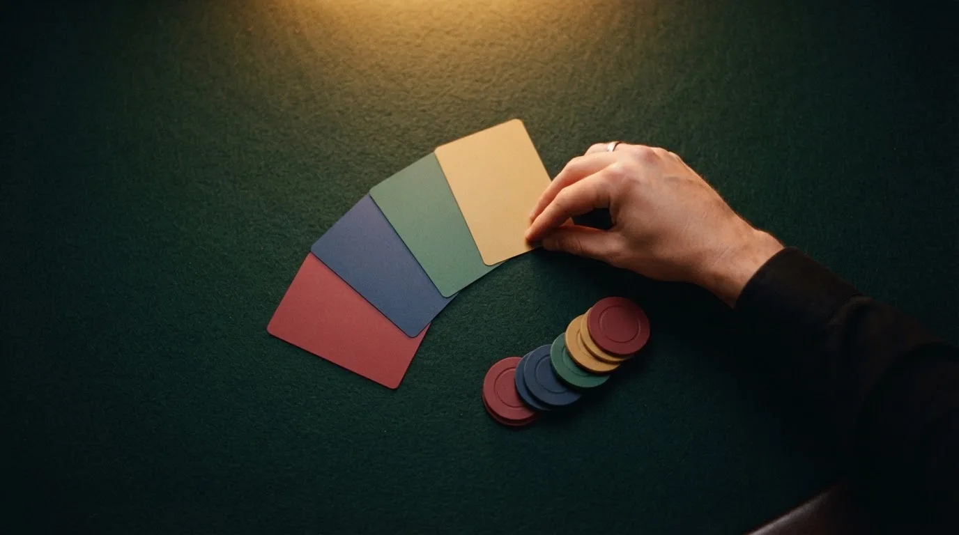 Mano sosteniendo varias tarjetas con logotipos de casinos españoles desplegadas en abanico sobre una mesa de juego.