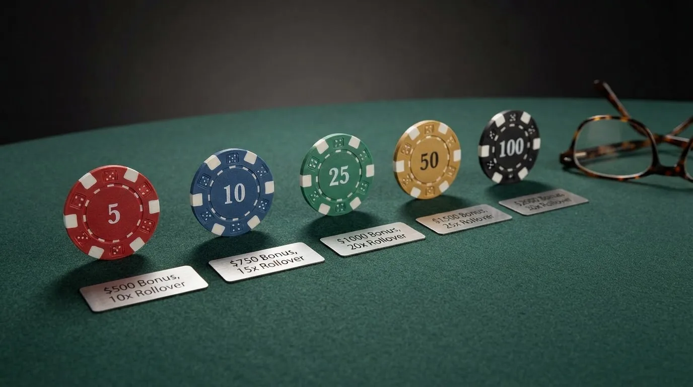 Vista comparativa de fichas de casino con el importe del bono sin depósito, el rollover y la ganancia máxima de cada operador