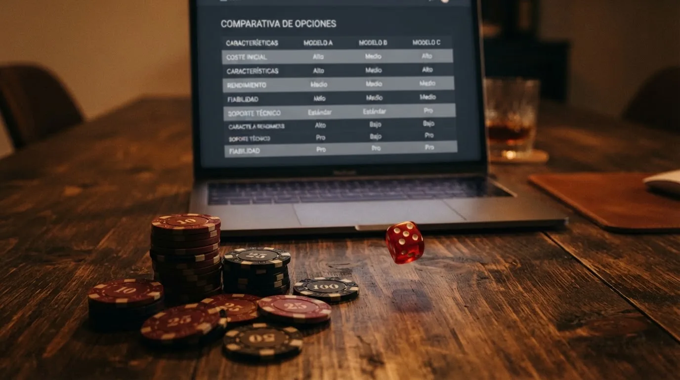 Una mesa con fichas de póquer, un dado y una pantalla de ordenador mostrando una tabla comparativa de casinos con logotipos reconocibles del mercado español