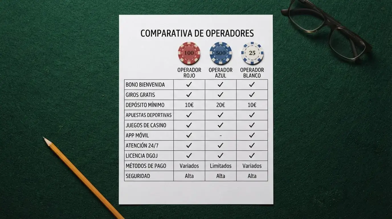 Tabla comparativa de casinos online con licencia DGOJ y sus condiciones de bono