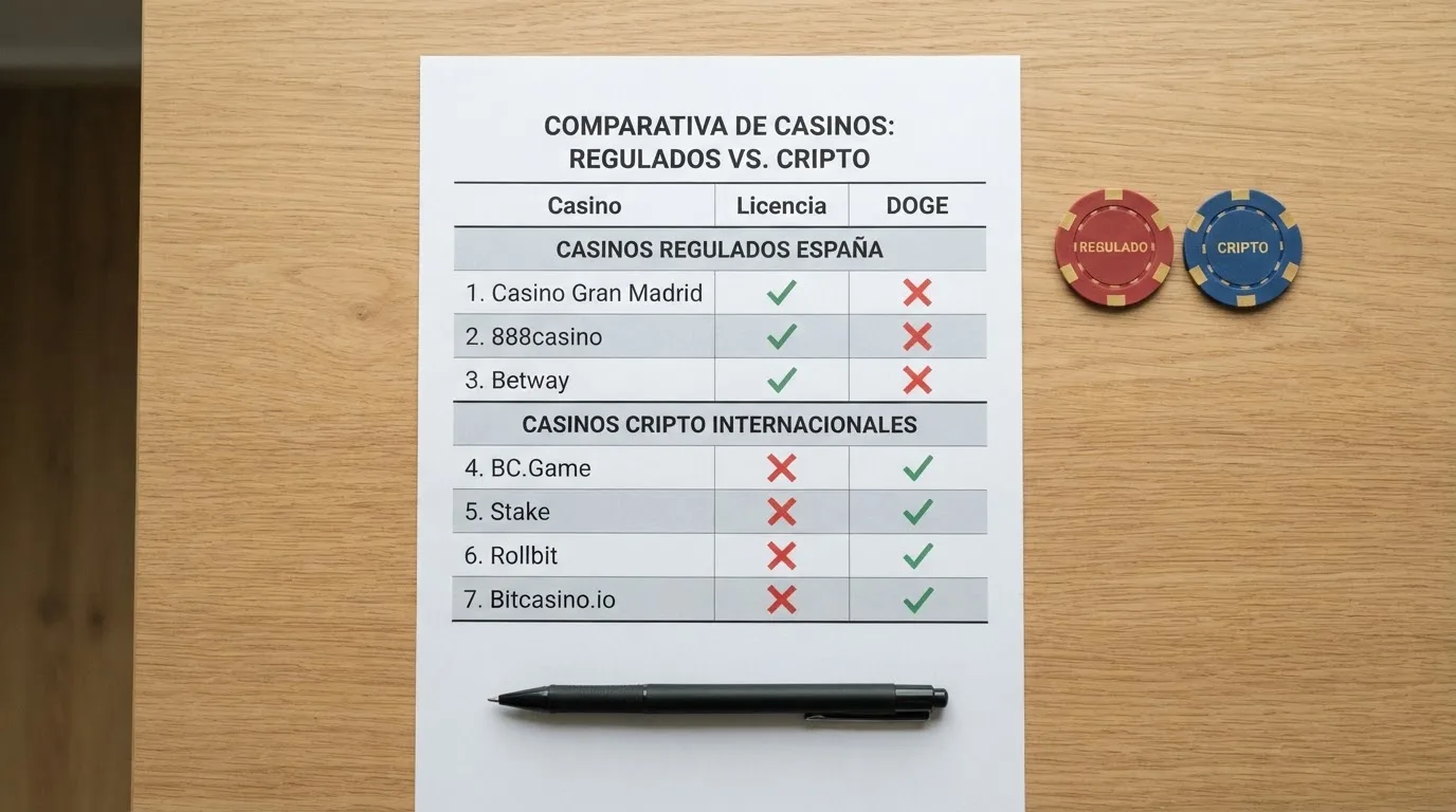 Tabla comparativa de casinos con columnas de licencia, tipo de acceso Dogecoin y disponibilidad de retiro en cripto