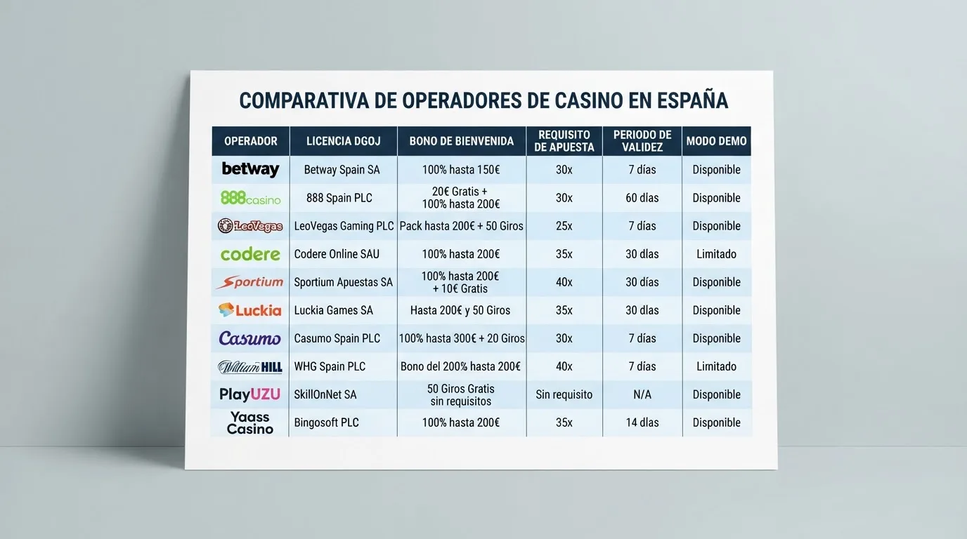 Tabla comparativa con los 10 operadores, sus licencias DGOJ, bonos de bienvenida y requisitos de apuesta, ordenados en formato limpio sobre fondo blanco