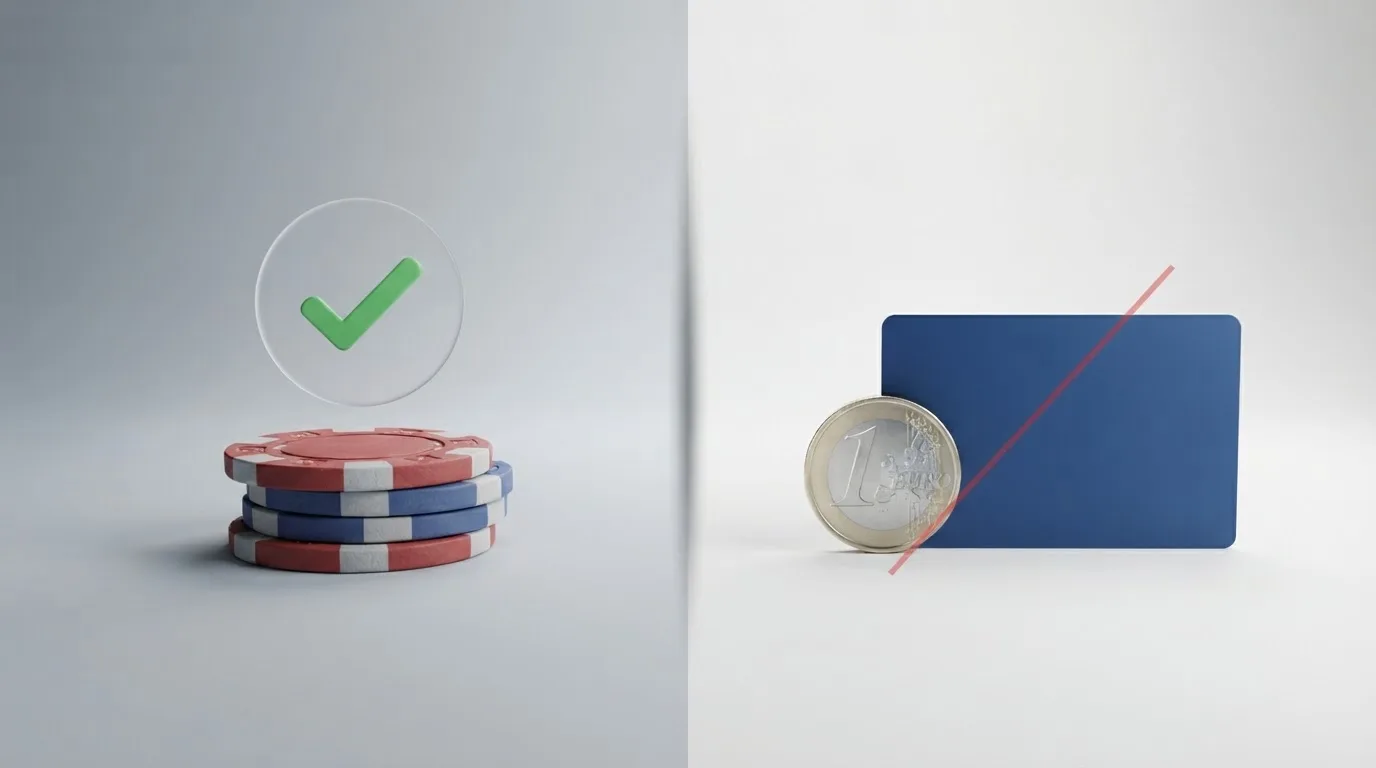 Una pantalla dividida con dos bloques: a la izquierda, el icono de verificación de identidad con un visto verde y la palabra «sin depósito»; a la derecha, una tarjeta de crédito tachada con la frase «requiere ingreso»