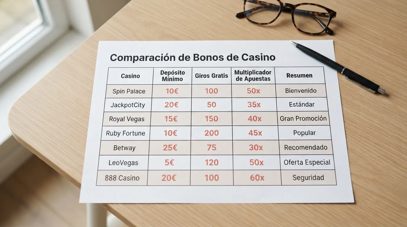 Una tabla comparativa con los logotipos de los operadores analizados alineados junto a sus cifras de tiradas gratis y requisitos de apuesta