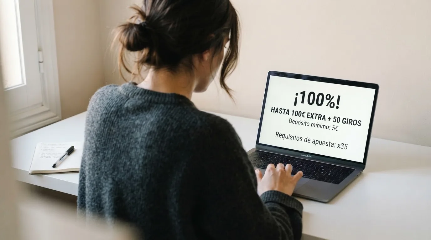 Pantalla de términos de un bono de bienvenida de casino online donde se leen el porcentaje de igualación, el depósito mínimo y el requisito de apuesta