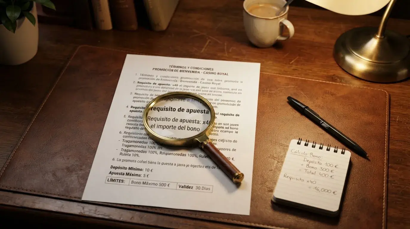 Primer plano de un documento con los términos y condiciones de una promoción de casino, con una lupa ampliando la sección de «requisito de apuesta».