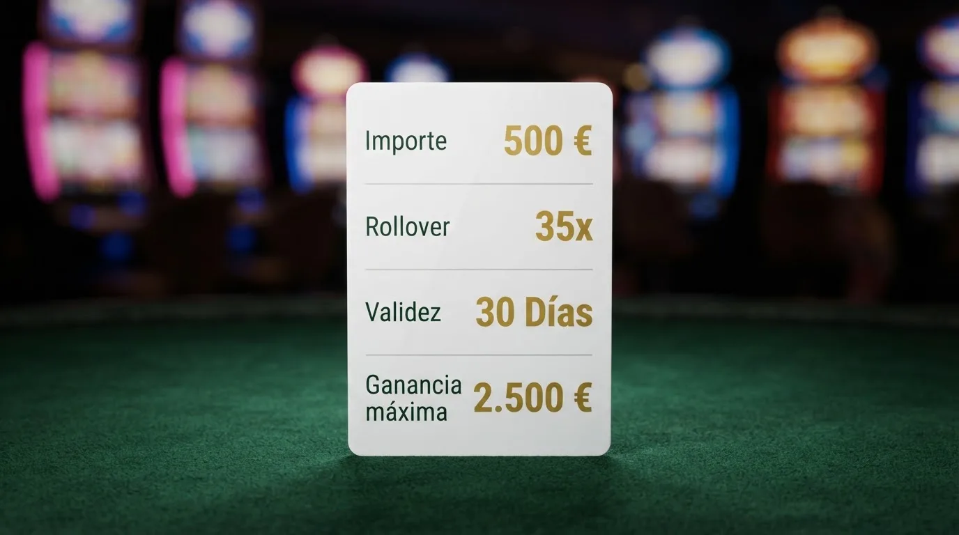 Tarjeta con los elementos clave de un bono sin depósito: importe, rollover, validez y ganancia máxima, sobre un fondo de casino
