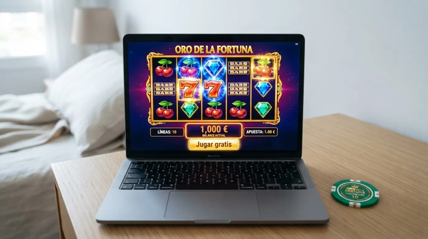 Pantalla de una tragaperras de Playtech en modo demo con saldo ficticio y el botón de «jugar gratis»