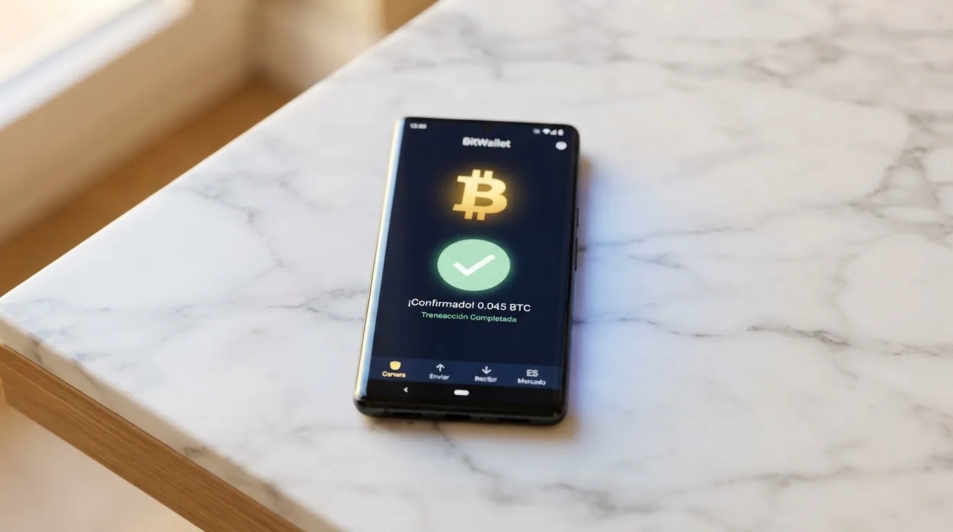 Un monedero de criptomonedas en la pantalla de un teléfono mostrando una transacción de Bitcoin en curso hacia un casino online