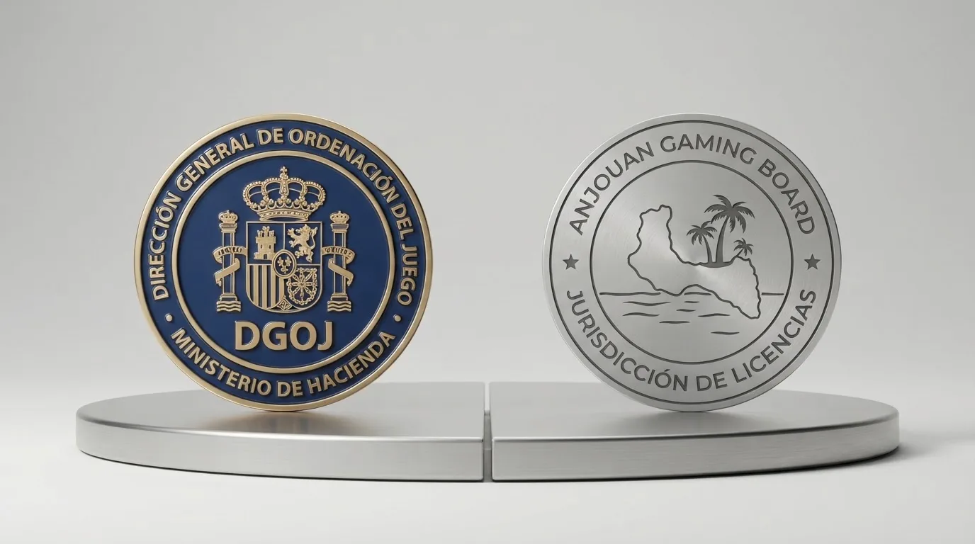 Dos sellos de licencia uno al lado del otro: el logo de la DGOJ con el dominio .es y el sello interactivo de Anjouan Gaming