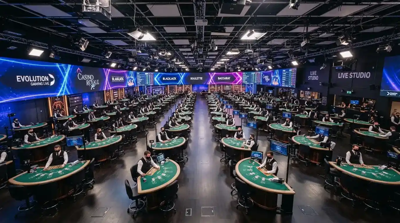 Vista amplia del estudio de casino en vivo de Evolution Gaming con múltiples mesas y pantallas, operadores trabajando en directo