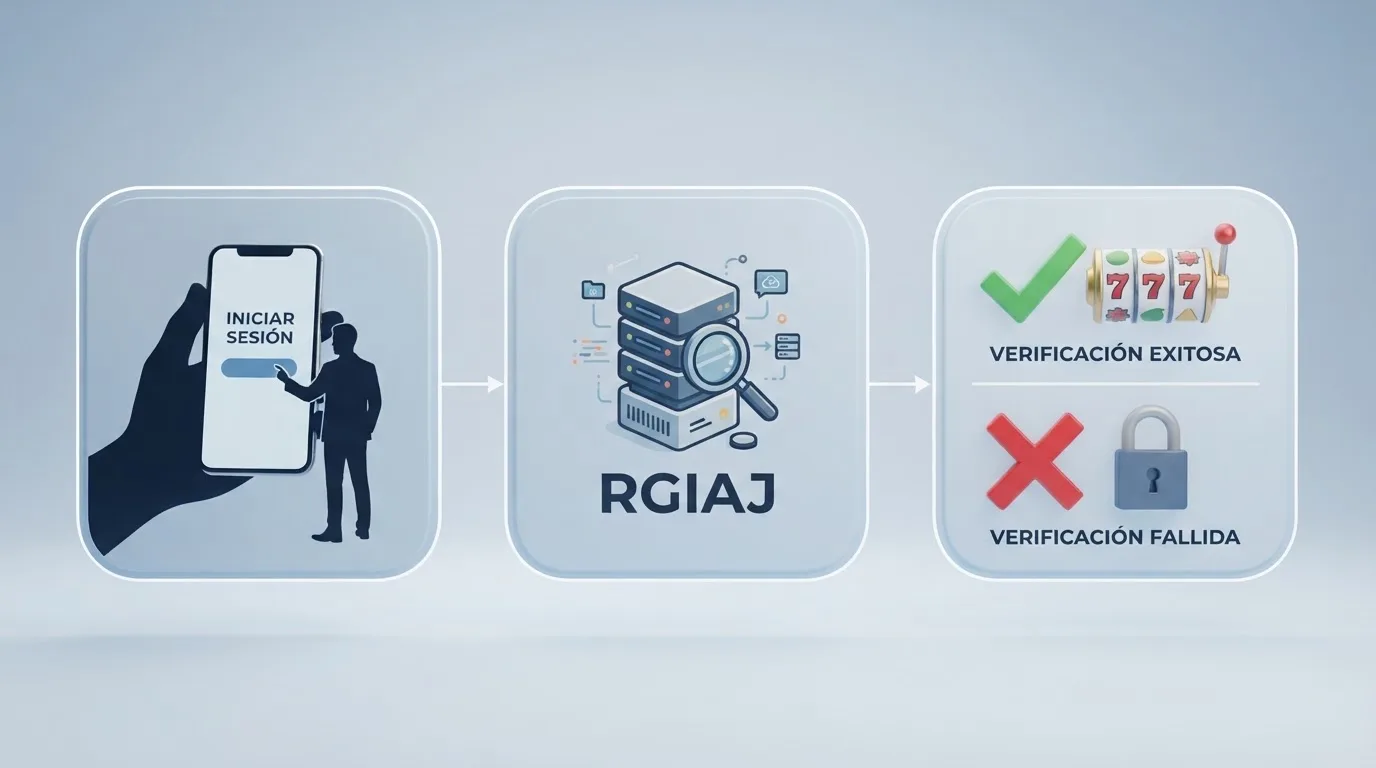 Esquema visual del flujo del RGIAJ: un jugador inicia sesión, el operador consulta el registro nacional de la DGOJ, el sistema devuelve acceso autorizado o bloqueo por inscripción activa