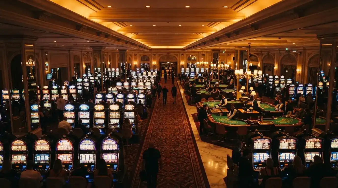 Vista de la sala de máquinas del Casino Barcelona con jugadores en las mesas y el ambiente del gaming floor