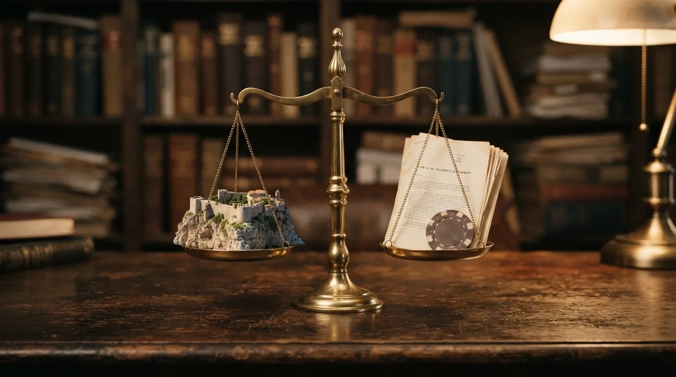 Balanza de justicia con el Peñón de Gibraltar en un platillo y el logotipo de la DGOJ en el otro, sin inclinarse completamente hacia ningún lado