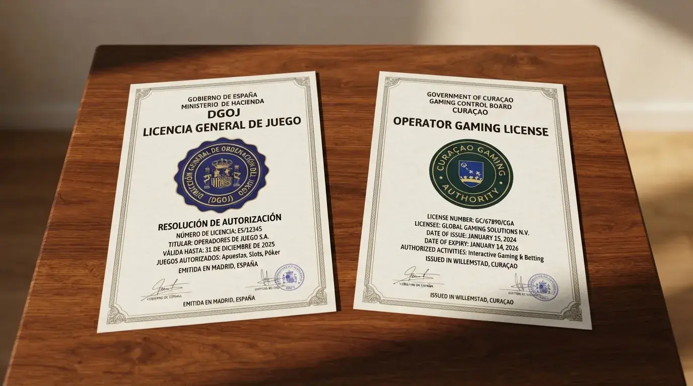 Dos documentos oficiales contrapuestos: un sello de la Dirección General de Ordenación del Juego junto a una licencia de la Curaçao Gaming Authority