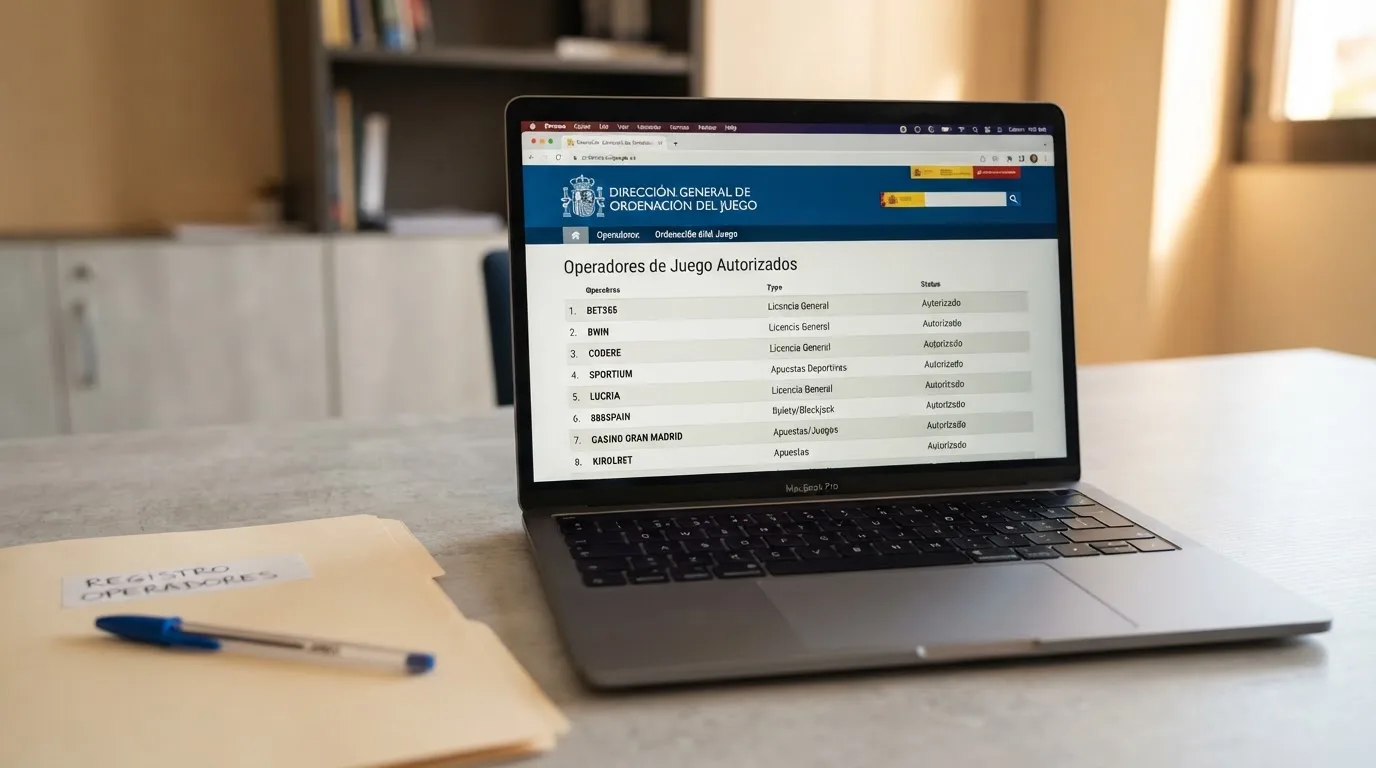 Primer plano de un documento oficial con el sello de la DGOJ sobre el teclado de un ordenador, junto a la bandera de España y la URL ordenacionjuego.es visible en pantalla