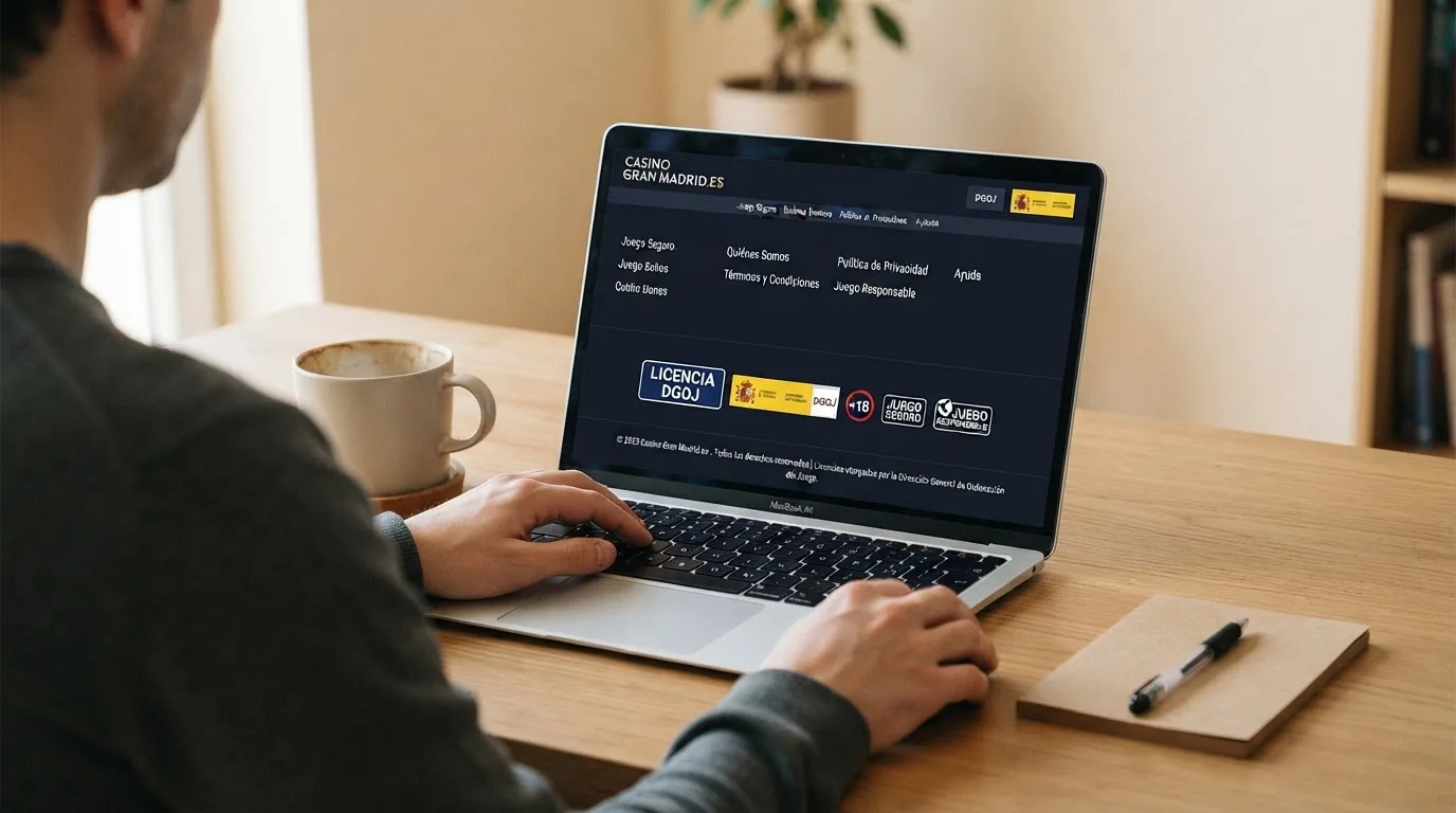 Pantalla de un casino online español mostrando el pie de página con el sello de licencia DGOJ y el dominio .es